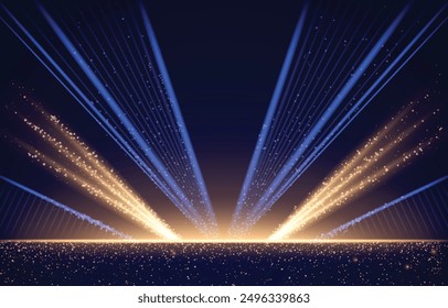 Dark blue stage with golden spotlight lines and glitter texture for award ceremony design. Realistic 3d abstract premium elegant glamour background template for anniversary or winner rewarding.