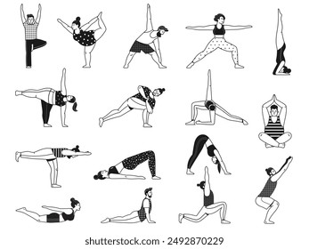 Diverse people doing common yoga poses line art set. Men and women of different body types and ethnic practicing popular asanas. Various characters doing exercises and stretching during fitness.