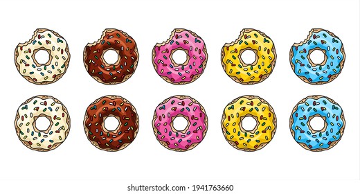 Donuts with chocolate, lemon, blue mint and white glaze and colored sprinkles.Vector illustration