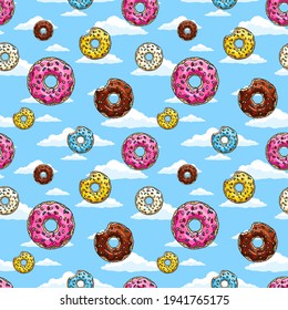 Donuts with pink glaze and colored sprinkles  on blue sky background.  Seamless pattern. Texture for fabric, wrapping, wallpaper. Decorative print.