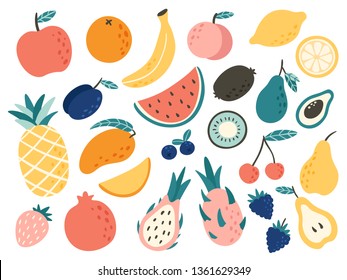 Doodle fruits. Natural tropical fruit, doodles citrus orange and vitamin lemon. Vegan kitchen apple hand drawn, organic fruits or vegetarian food. Vector isolated icons illustration set