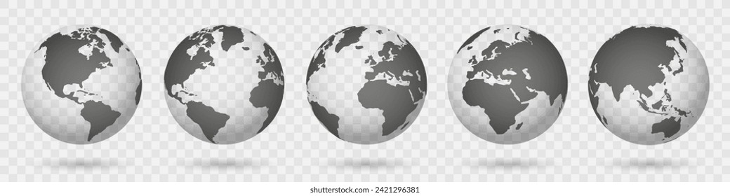 Earth set 3D globes with world maps, set Earth globe hemispheres with continents, world maps with shadow on transparent background, view from different positions