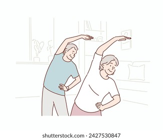 Elderly couple stretching in living room. Hand drawn style vector design illustrations.