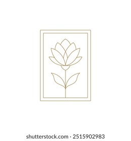 Elegant lotus flower with stem and leaves in rectangle frame golden line art icon vector illustration. Beautiful natural floral plant luxury emblem logo for spa wellness relax meditation cosmetology