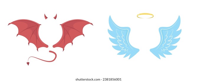 Elementos de ángel y diablo. Alas azules y rojas, halo y cuernos dorados, alas murciélagos y cola. Disfraz decorativo de Halloween. Infierno y objeto celestial. Concepto de vector aislado plano de dibujos animados