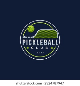 Emblem badge Pickleball club logo design, pickleball racket and ball icon vector on white background