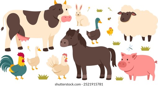 Farm animals set in flat style isolated on white background, Cute cartoon animals,  sheep, cow,  horse, pig, rabbit , duck, goose, chicken