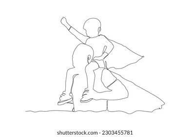 Father and son superman costumes continuous line art drawing. Hero Father and child line art. Father's day line art. Fatherhood concept line art.