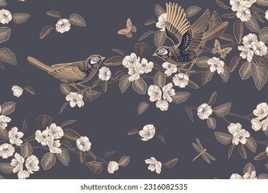 Flowers and leaves of Blossoming tree. Birds on branches, butterflies, dragonfly. Gold on grey background. Floral seamless pattern. Spring Vector illustration. Vintage. Template for wallpaper, paper.