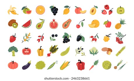 Fruits, vegetables and berries set in cartoon style. Healthy eating, fresh food. Trendy modern vector illustration isolated on white background, hand drawn, flat design