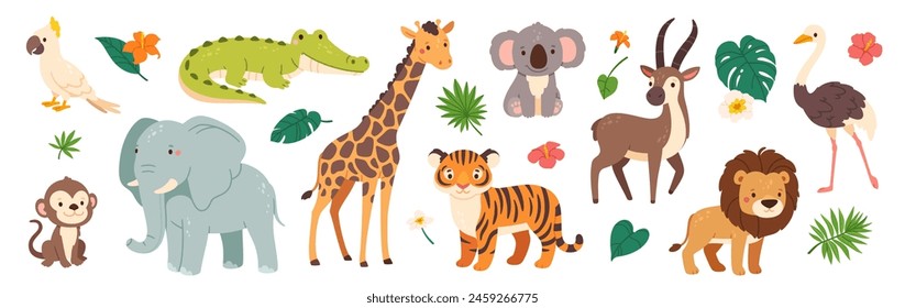 Funny safari animals. Cute cartoon kids animal character. Wild tiger, giraffe, happy koala, African crocodile, jungle monkey. Jungle plant and decorative elements. Vector collection. Tiger, crocodile