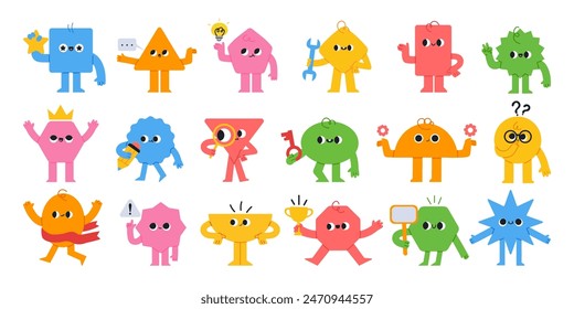 Geometric characters. Cartoon abstract mascot figures with faces and different poses. Emotion avatar. Funny math for kids, comic shapes. Business team. Vector set