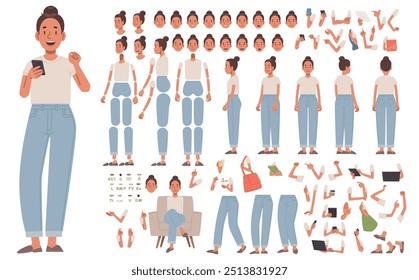 Girl character constructor. Young woman in casual clothes. Set of different positions of hands, legs, head for creating animation and your own illustrations. DIY kit. Vector illustration in flat style