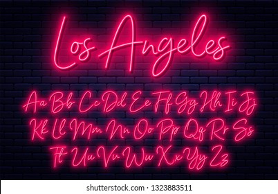 Glowing neon script alphabet. Neon font with uppercase and lowercase letters. Handwritten english alphabet with neon light effect