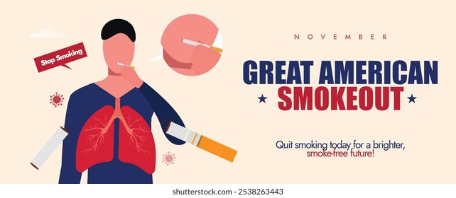 Gran Smoke americano fuera. 17 de noviembre Anuncio americano de celebración con dos pulmones, hombres fumando cigarrillos. El día anima a dejar de fumar y a tener un futuro libre de humo.