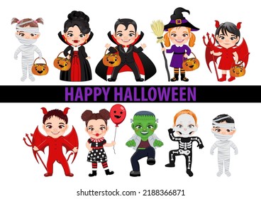 Tarjeta de plantilla de invitación de fiesta de Halloween con niños con disfraces de Halloween en vector de fondo blanco