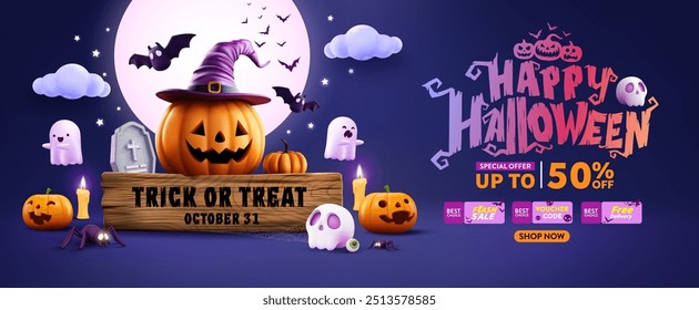 Póster de promoción de Halloween o Plantilla de Anuncio, celebración de Halloween con calabaza Jack-O'-Lantern, sombrero de bruja, fantasmas y decoraciones espeluznantes. Oferta de descuento especial de Halloween sobre fondo oscuro del cielo nocturno