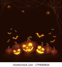 Calabazas de Halloween sobre fondo negro nocturno. Tema de vacaciones con las linternas Jack O', arañas y murciélagos. La ilustración puede utilizarse para el diseño de ropa, el diseño de vacaciones para niños, tarjetas, pancartas