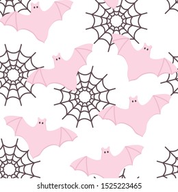 Halloween Seamless Pattern of Flying Bats, Spiderweb icon. Cute Nursery room wallpaper, frame, card. Pastel colors scared Cartoon character isolated on white. Printable flat style Vector Illustration