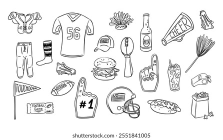 Conjunto de doodle dibujado a mano con artículos temáticos de fútbol americano como camisetas, cascos, balones de fútbol, dedos de espuma, equipo de alegría, alimentos y bebidas. Dibujo de contorno de Vector aislado sobre fondo blanco