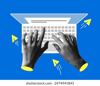 Hands on the keyboard. Modern collage with halftone hands and laptop. Person using a laptop from above. Top view. Remote work. Trendy newspaper elements. Business illustration