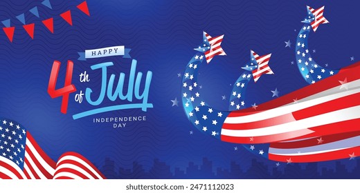 Happy 4. Juli Independence Day modernen Gruß-Banner, Hintergrund mit Sternschnuppen von USA-Fahne-Band, schwenkende Fahne und Buntdekoration auf blauem Hintergrund. Vektorillustration. 