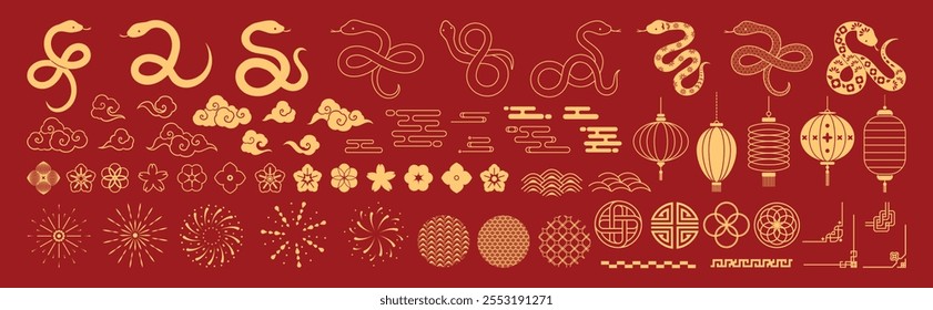 Feliz Ano Novo Chinês 2025 ícones vetor conjunto. Lanternas, cobra, fogo de artifício, canto, padrão, nuvem, moeda, flor ícones isolados de Ano Novo Lunar asiático decoração vetor.