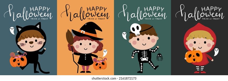 Feliz tarjeta de invitación de la fiesta de halloween. Niños cortos con bruja, capucha roja, esqueleto, disfraz de gato negro. y calabaza fantasma y espeluznante. Juego aislado de personajes de caricatura de vacaciones. -Vector