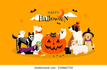 Feliz Halloween mascota tarjeta de saludo Vector ilustración. Perros adorables con disfraces de Halloween con calabaza grande	