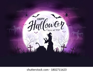 Feliz tema de Halloween con bruja, murciélagos y arañas en el fondo de la noche púrpura. Letras de vacaciones en el fondo de la luna. La ilustración puede utilizarse para el diseño de prendas de vestir o de fiestas infantiles, tarjetas, carteles