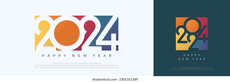 Happy new year 2024 design. With colorful truncated number illustrations. Premium vector design for poster, banner, greeting and new year 2024 celebration.