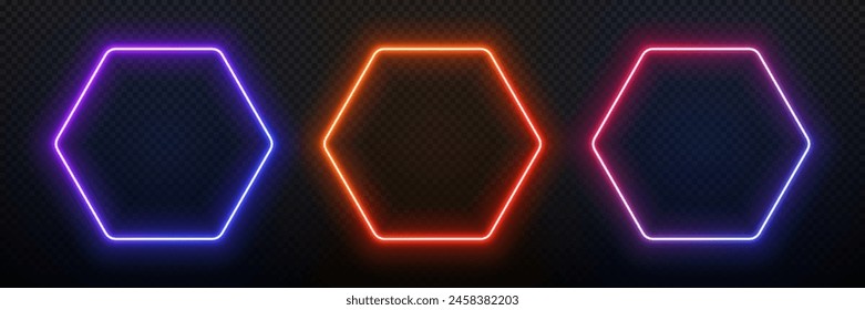 Hexagon neon light frame. 3d glow gradient geometric shape. Led laser border. Fluorescent template for design with text.