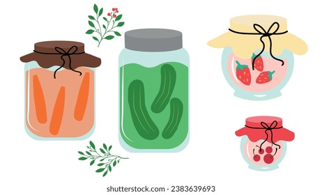 Homemade jars of preserving the fruit and vegetables. Set of glass jars with preserved vegetables, stewed fruits and berry jams. Berry compote or marmalade, jam. Autumn harvest season. Vector