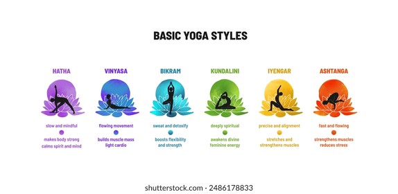 Horizontally-arranged infographic showcasing 6 basic yoga styles with colorful circular icons and brief descriptions. Includes Hatha, Vinyasa, Bikram, Kundalini, Iyengar, and Ashtanga yoga types.