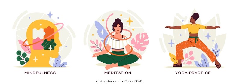 Human mental health. Set with yoga, meditation and mental fullness. Calm female characters in lotus and warrior position. Relaxed women releasing stress and anxiety. Cartoon flat vector illustrations