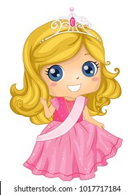 Illustration of a Kid Girl Waving while Wearing a Crown, Gown and Sash