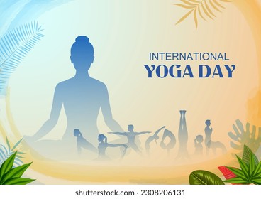 illustration of people doing asana and meditation practice for International Yoga Day on 21st June