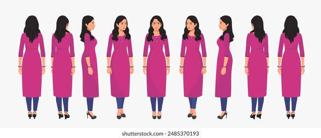 Indian Business Woman Wearing Kurta, Character Front, side, back view and explainer animation poses