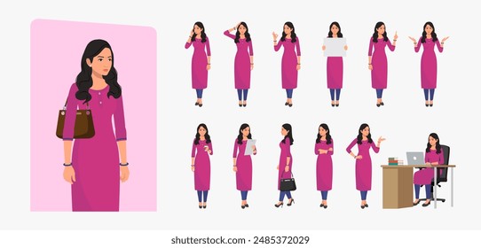 Indian Business Woman Wearing Salwar Kameez, Character Front, side, back view and explainer animation poses