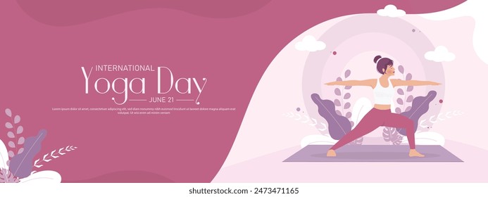 International yoga day banner or poster template design. Woman doing yoga pose, vector illustration.