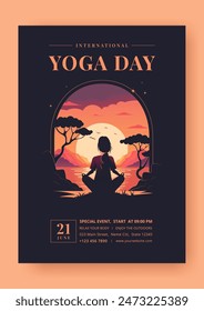 International Yoga Day. June 21. Woman at sunrise or sunset doing yoga outdoors. A woman is doing yoga, practicing, meditating. Trees, sea and hills in the background. Flyer, banner, poster. Vector