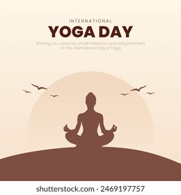 International Yoga Day Post and Greeting Card Design. Modern and Elegant Yoga Day Creative with Woman in Meditation Pose Vector Illustration