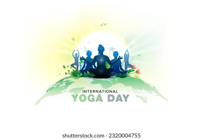 International yoga day text. Sunrise background with world globe vector illustration. Group of people stretching body and doing yoga.