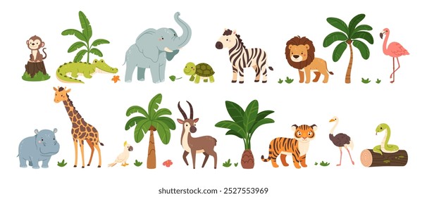 Jungle animals. Cute safari wild mammals. Funny exotic mammal, bird and reptile. Elephant, parrot, lion, crocodile, turtle and palm tree. Kids vector set.