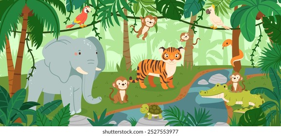 Jungle landscape with wild animals. Tropical rainforest background with savanna mammals. Exotic trees and leaves, palms with bird. Exotic jungle vector scene.