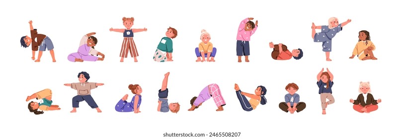 Kids exercising yoga. Children in asana and gym poses set. Cute little girls and boys, healthy sport activity. Child characters, toddlers stretch. Flat vector illustration isolated on white background