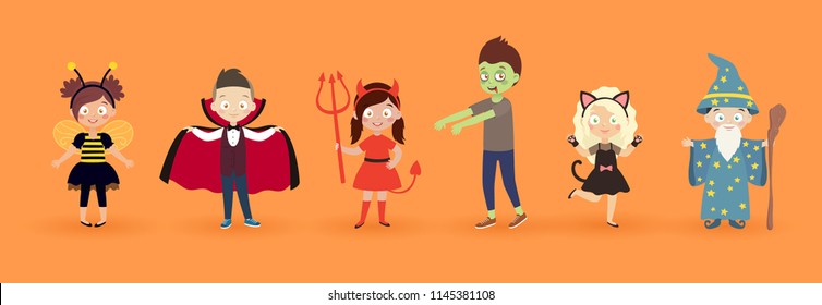 Niños con disfraces de Halloween. Graciosos y lindos chicos del carnaval. Ilustración vectorial.