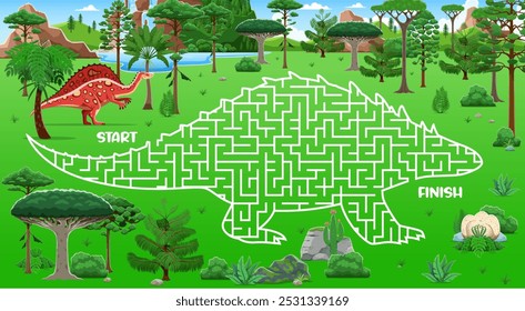 Kids labyrinth maze game with prehistoric dinosaur and dino eggs. Vector worksheet riddle for kids to navigate through a dino shaped path surrounded with trees and rocks to reach the finish with nest