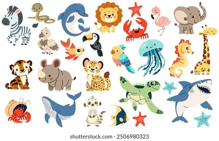 Large set of flat vector illustrations in children's style. Wild animals of safari and Africa and animals and fish of sea and ocean  