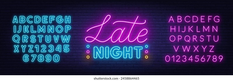 Late Night Neon Sign on brick wall background.